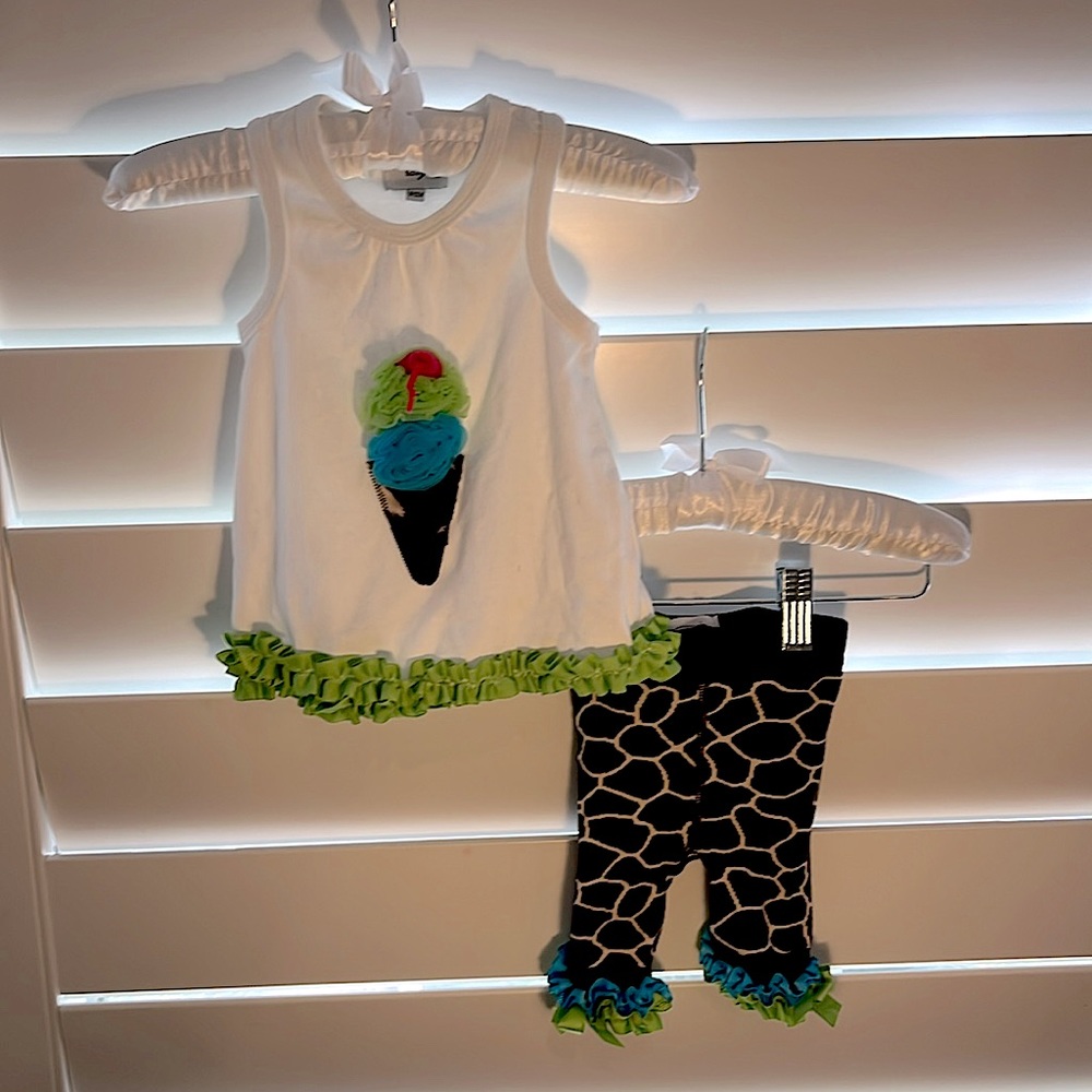 MUD PIE 1st birthday tank top/pant set, w tulle ice cream cone & giraffe print